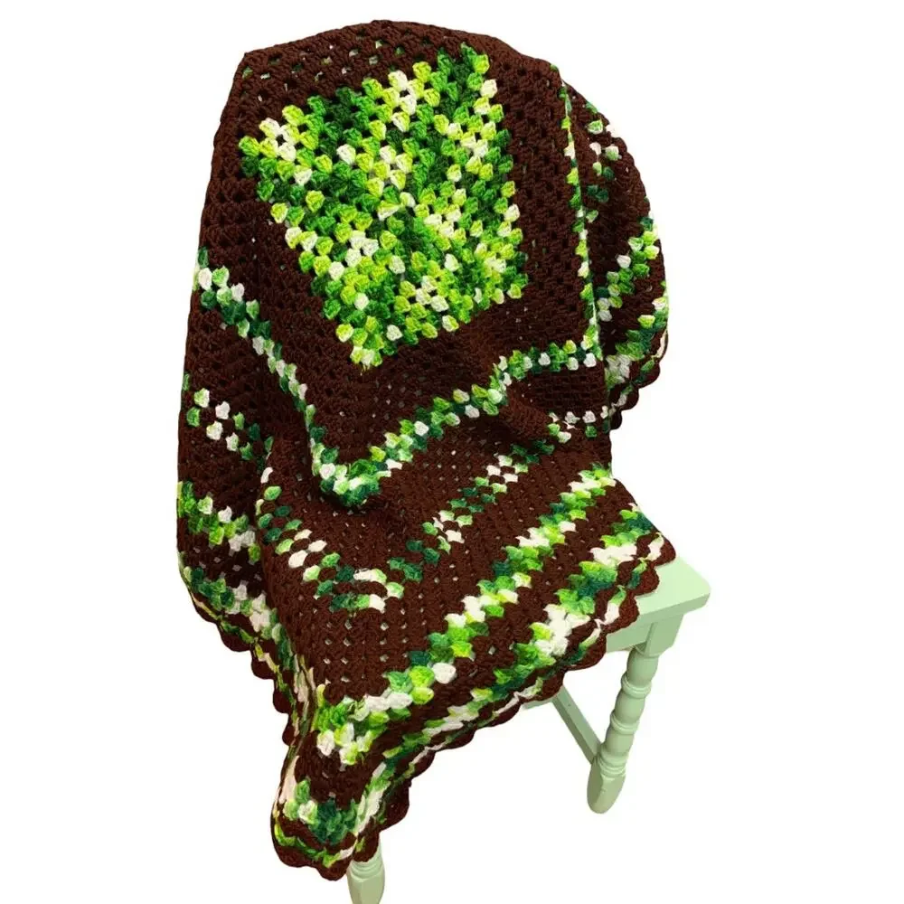 Vintage Brown Green Afghan Throw Blanket 48 Inches Square